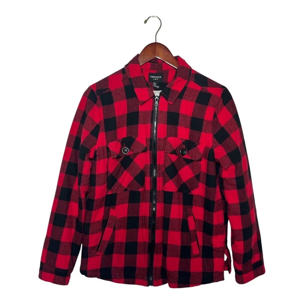 Cabin Core‎ Flannel Jacket Women L Red Black Buffalo Plaid Sherpa Lined Zip Up